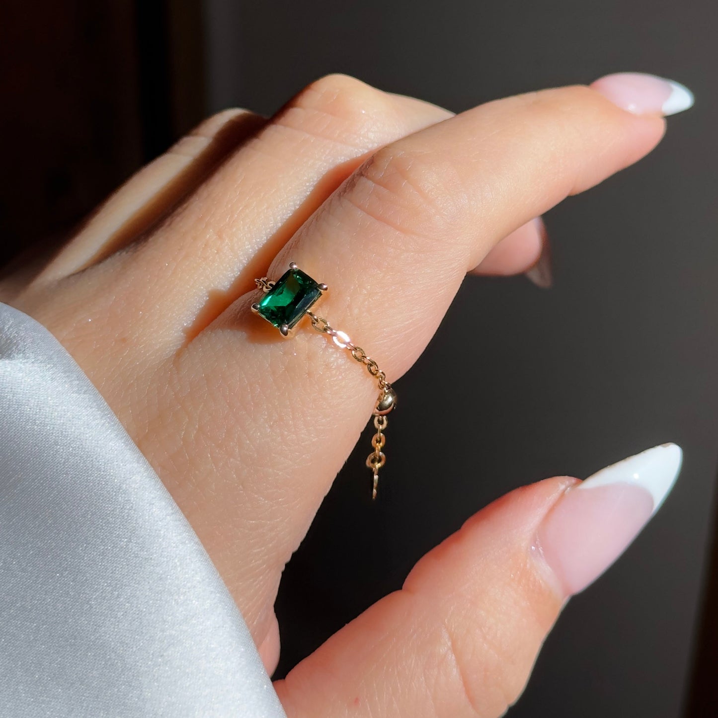 Elegant Emerald Green Self-Love Adjustable Chain Ring - Waterproof CZ Sterling Silver