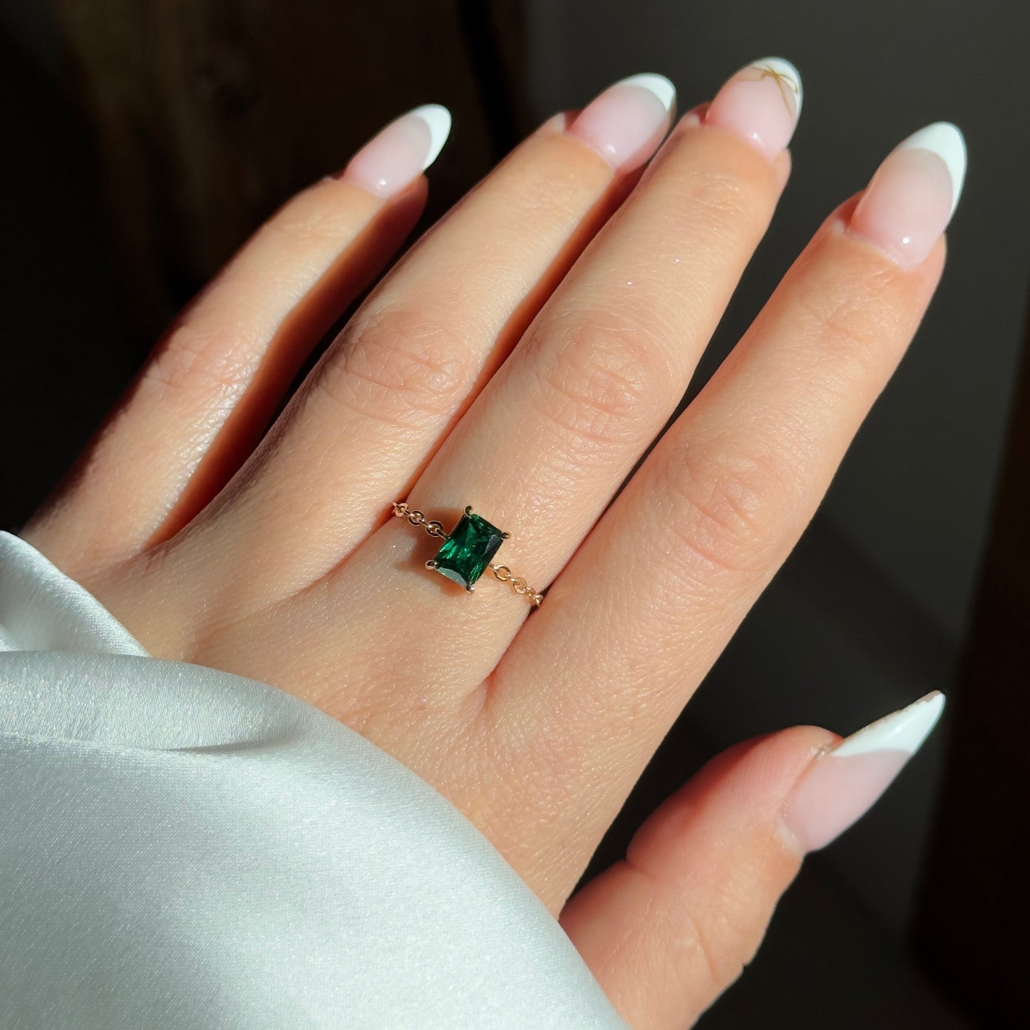 Elegant Emerald Green Self-Love Adjustable Chain Ring - Waterproof CZ Sterling Silver