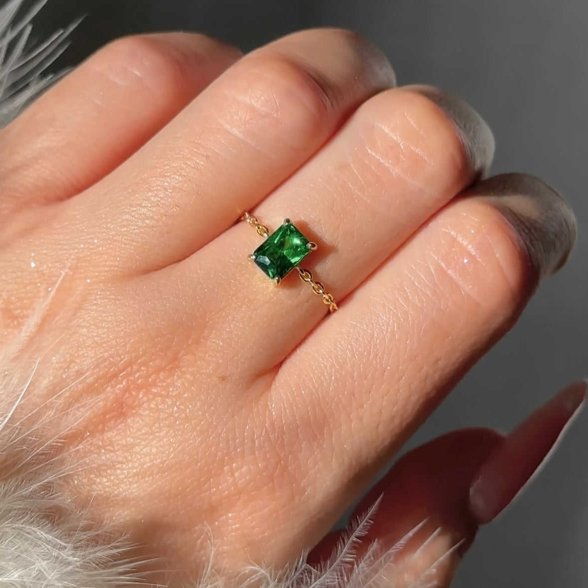Elegant Emerald Green Self-Love Adjustable Chain Ring - Waterproof CZ Sterling Silver