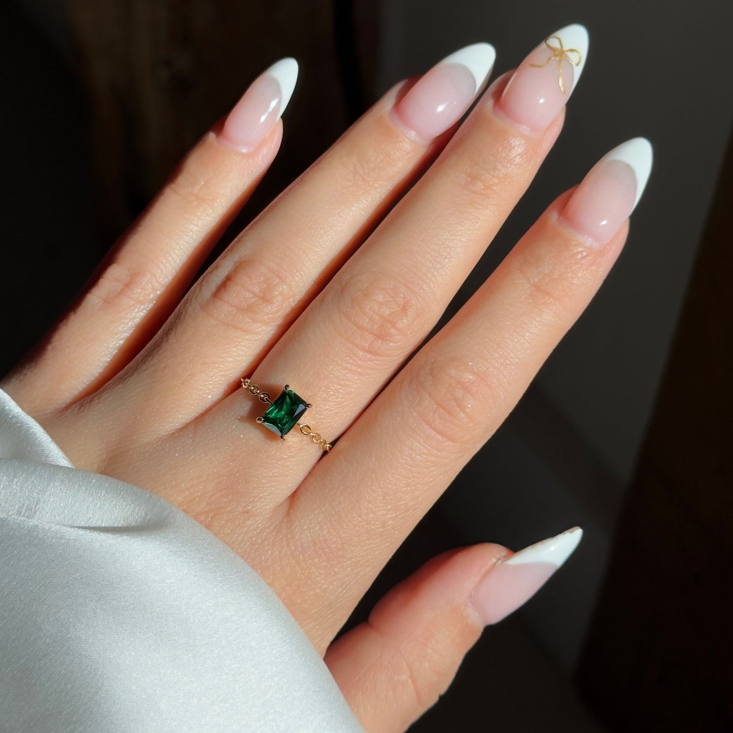 Elegant Emerald Green Self-Love Adjustable Chain Ring - Waterproof CZ Sterling Silver