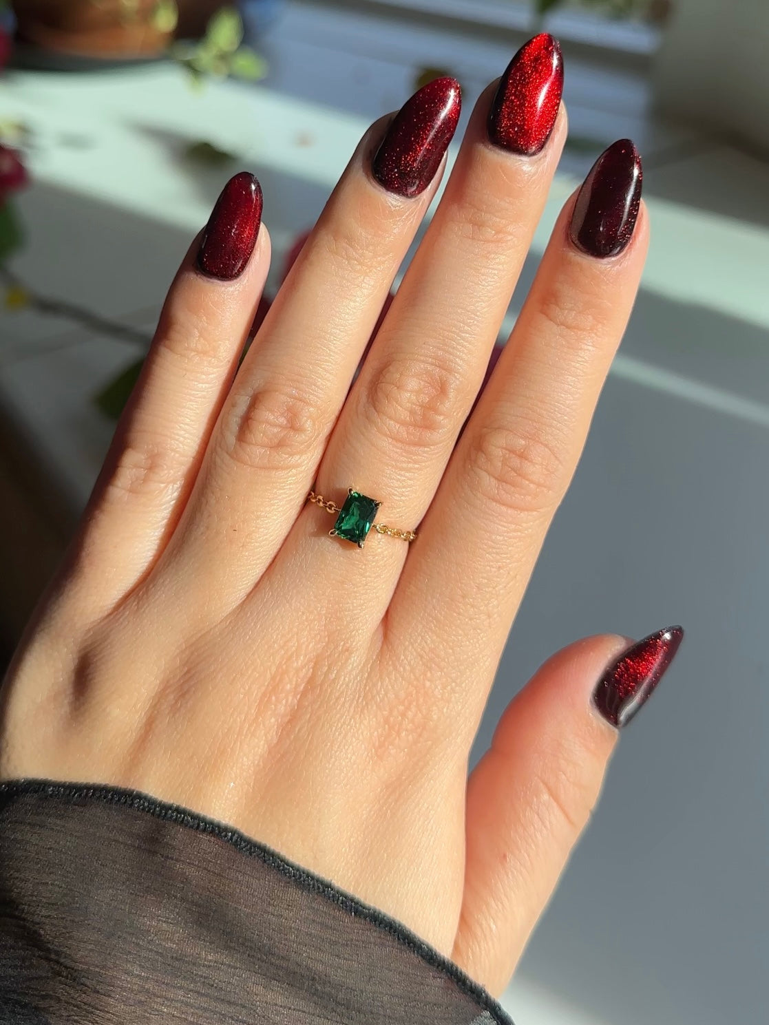Elegant Emerald Green Self-Love Adjustable Chain Ring - Waterproof CZ Sterling Silver