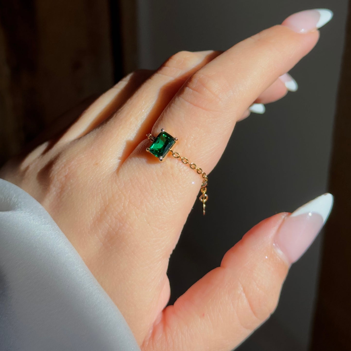 Elegant Emerald Green Self-Love Adjustable Chain Ring - Waterproof CZ Sterling Silver