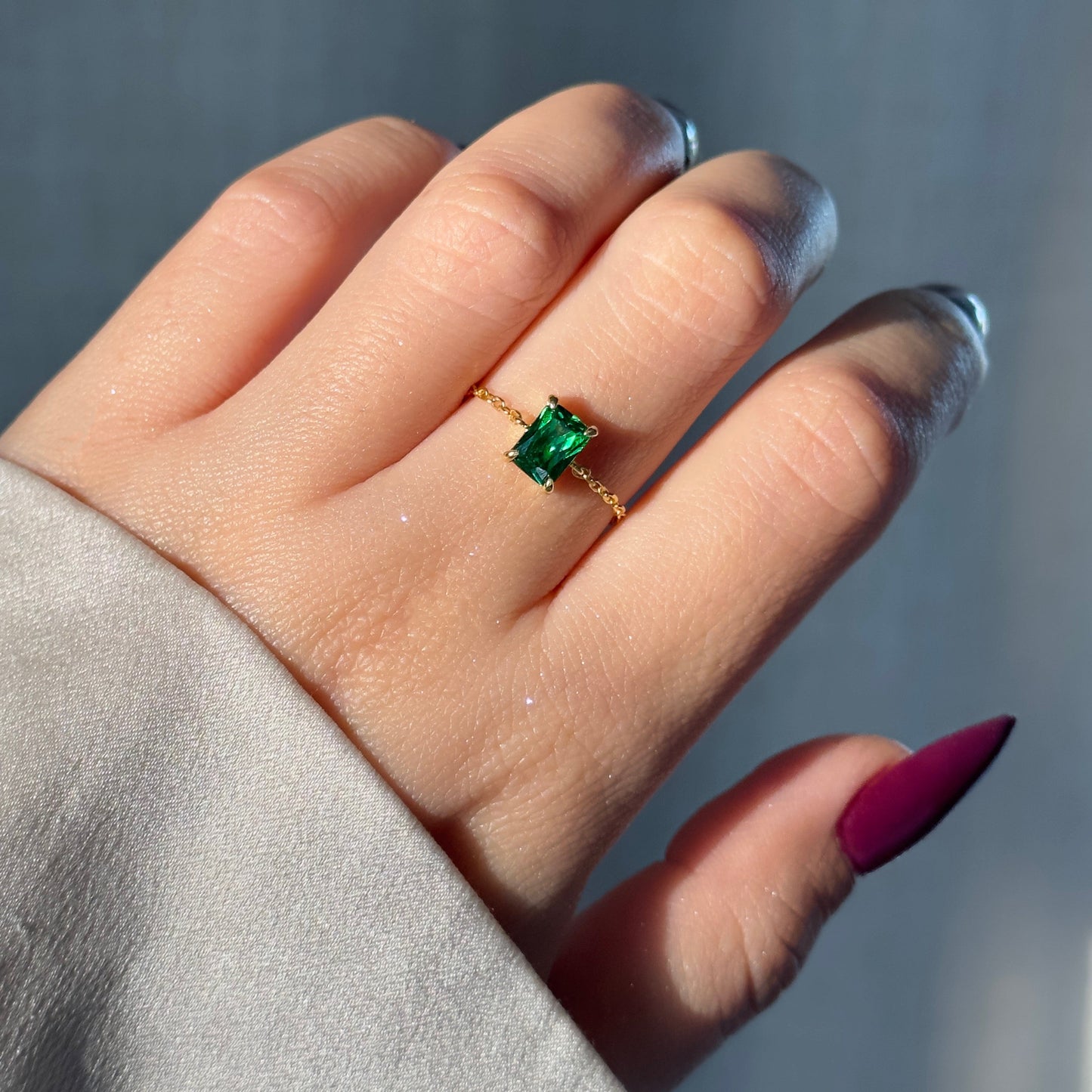 Elegant Emerald Green Self-Love Adjustable Chain Ring - Waterproof CZ Sterling Silver