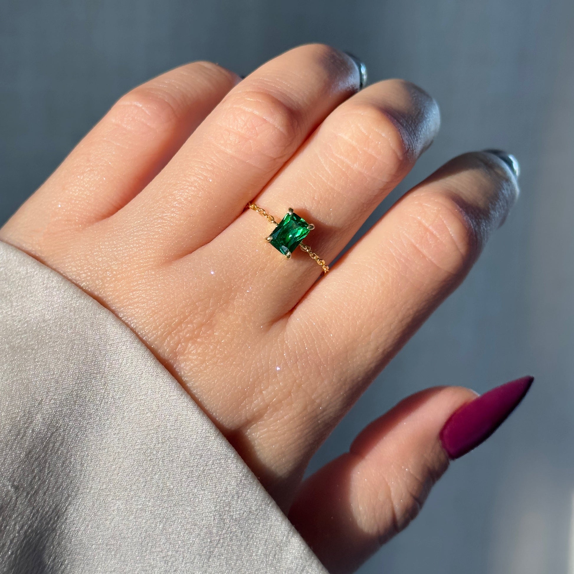 Elegant Emerald Green Self-Love Adjustable Chain Ring - Waterproof CZ Sterling Silver