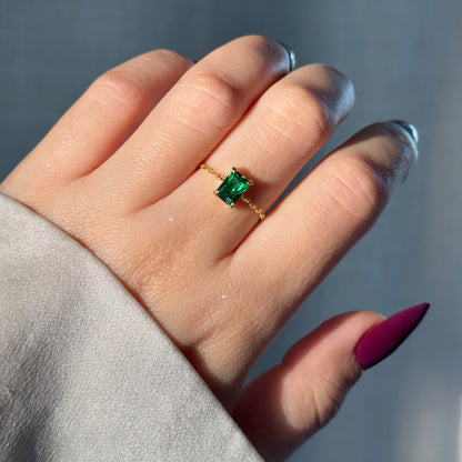 Elegant Emerald Green Self-Love Adjustable Chain Ring - Waterproof CZ Sterling Silver